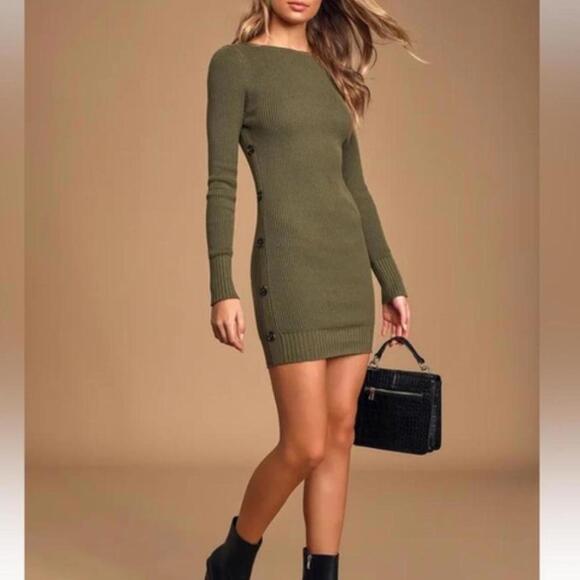 Lulus Dresses & Skirts - Khaki green ribbed knit mini dress with buttons and long sleeves